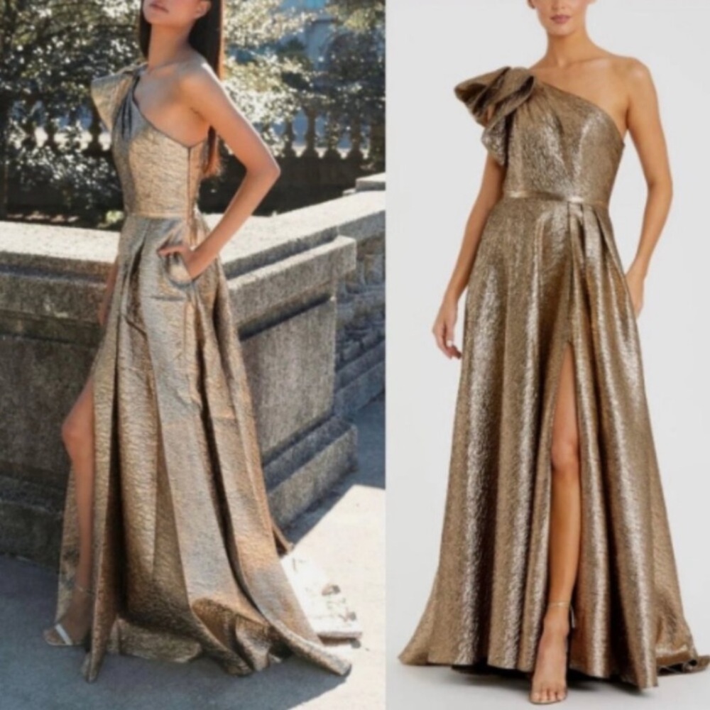 Mac Duggal Gold One-Shoulder Maxi Dress